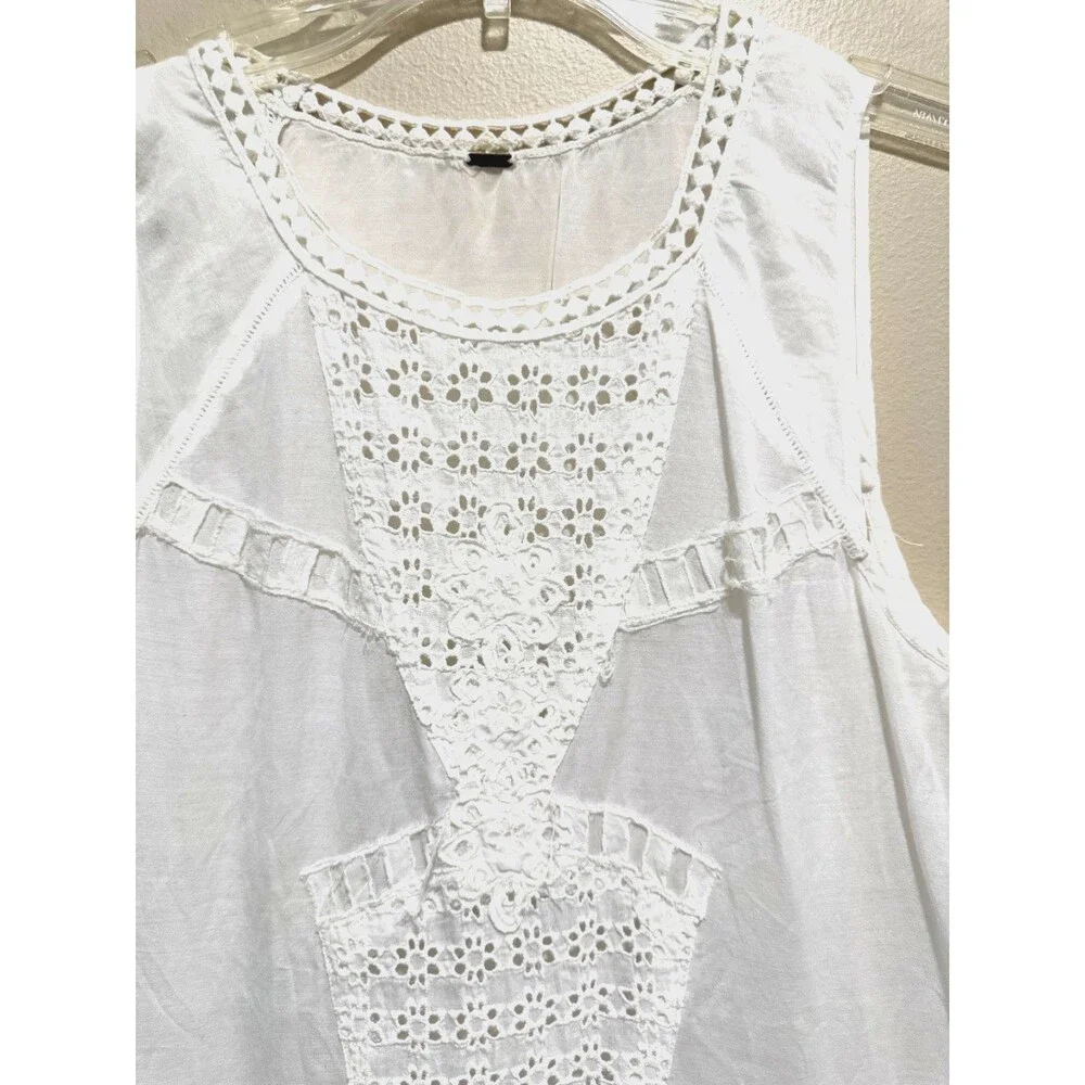 Free People Linen Crochet Lace Eyelet Peplum Cami White Boho Sheer Tank Blouse S